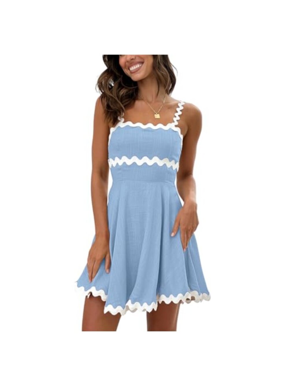Flowy Mini Dress Spaghetti Straps Smocked Backless Square Neck Rickrack Trim